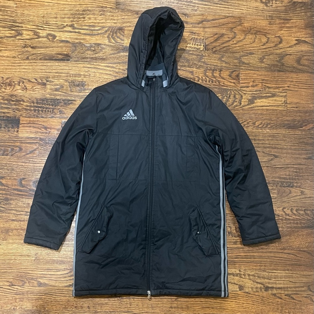 Adidas Men's Black and Gray Hooded Parka Jacket